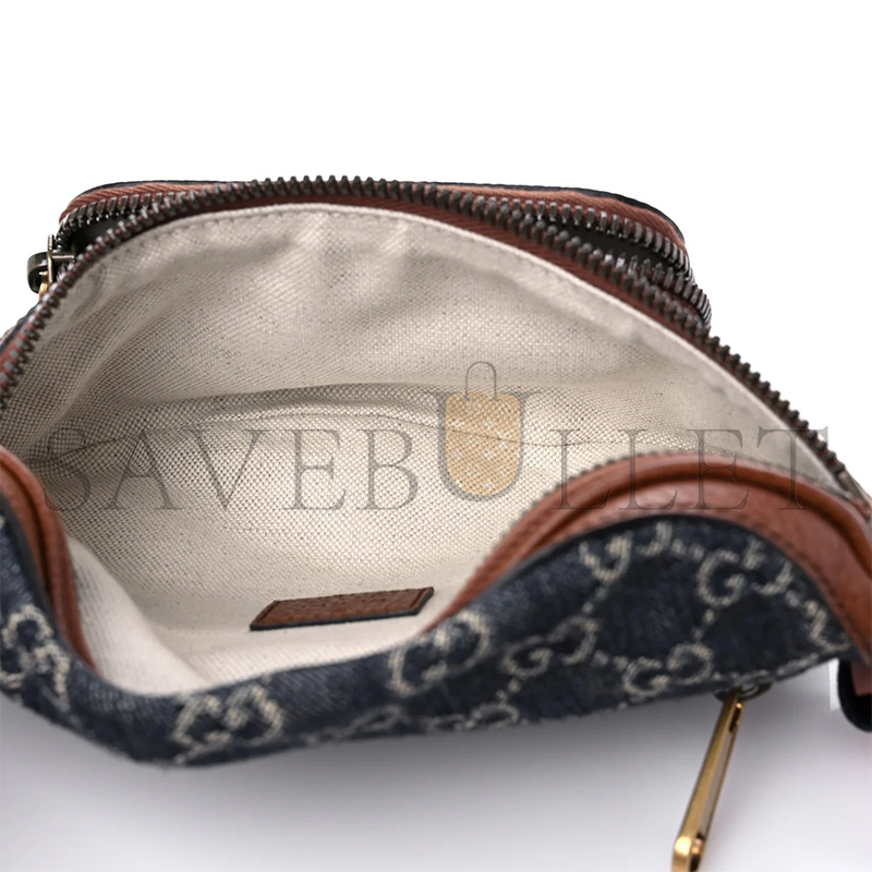 GUCCI DENIM EMBROIDERED PATCHWORK WITH LEATHER TRIM FANNY PACK BLUE 682933 (23*12*2.5cm)